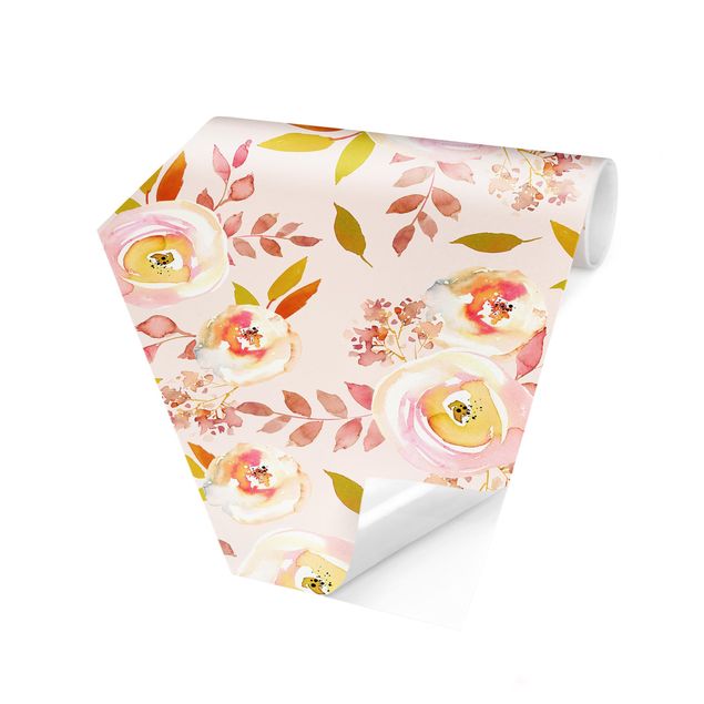 Hexagon Behang Yellow Leaves With Watercolour Flowers In Front Of Pink
