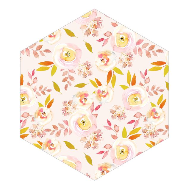 Hexagon Behang Yellow Leaves With Watercolour Flowers In Front Of Pink