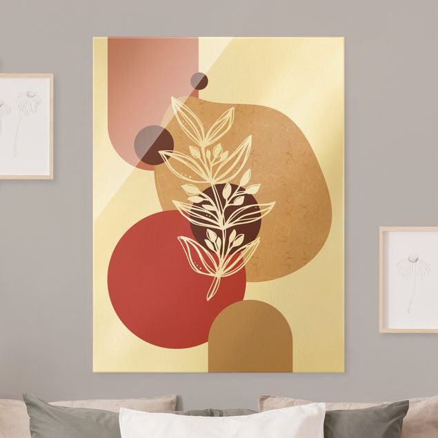 Glasschilderijen Geometrical Shapes - Leaves Pink Gold