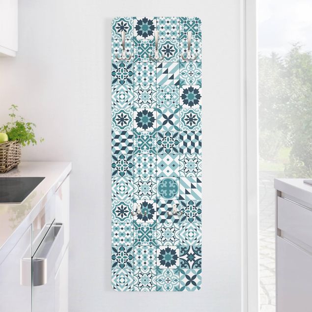 Wandkapstokken houten paneel Geometrical Tile Mix Turquoise