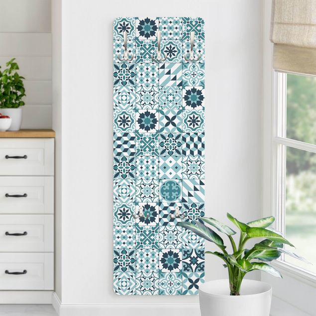 Wandkapstokken houten paneel Geometrical Tile Mix Turquoise