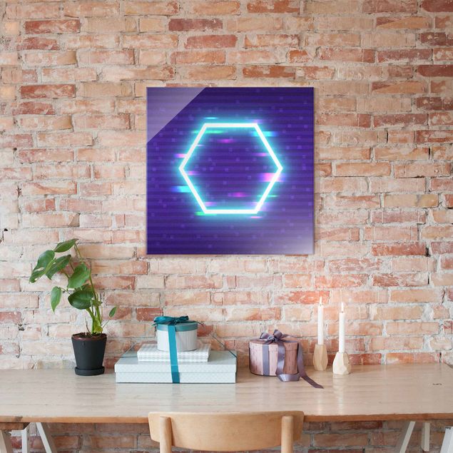 Glasschilderijen - Geometrical Hexagon In Neon Colours