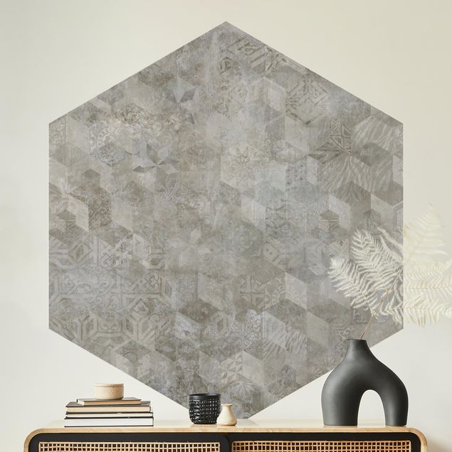 Hexagon Behang - Geometrical Vintage Pattern with Ornaments Beige