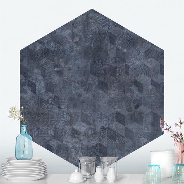 Hexagon Behang - Geometrical Vintage Pattern with Ornaments Blue
