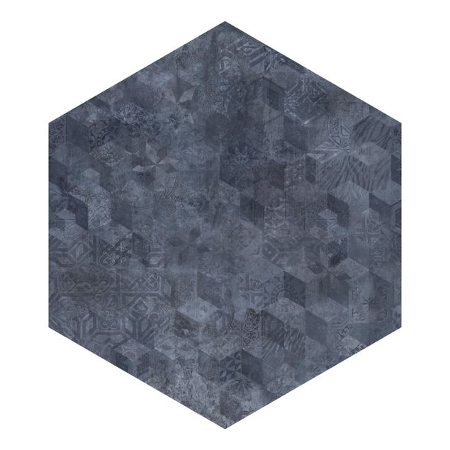 Hexagon Behang - Geometrical Vintage Pattern with Ornaments Blue