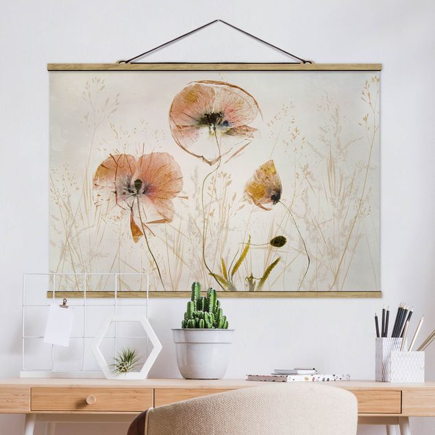 Stoffen schilderij met posterlijst Dried Poppy Flowers With Delicate Grasses