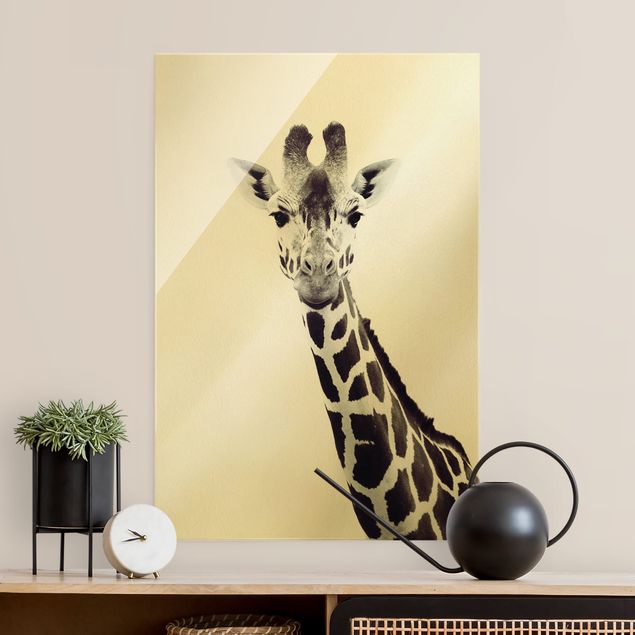 Glasschilderijen Giraffe Portrait In Black And White