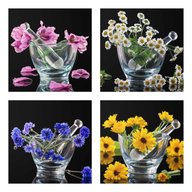 Glasschilderijen - 4-delig Flowers in a mortar