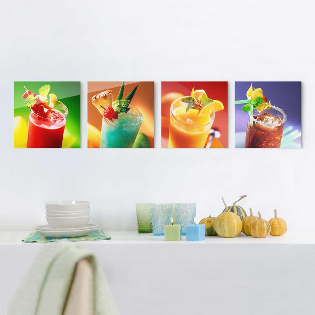 Glasschilderijen - 4-delig colourful cocktails