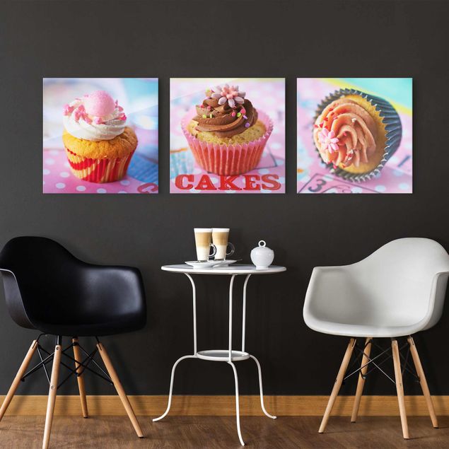 Glasschilderijen - 3-delig Colourful Cupcakes