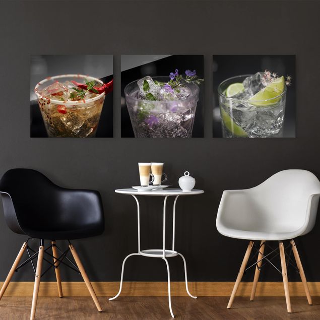 Glasschilderijen - 3-delig Drinks With Ice Cubes Close-Up