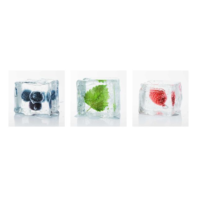 Glasschilderijen - 3-delig Fruits And Lemon Balm In Ice Cube
