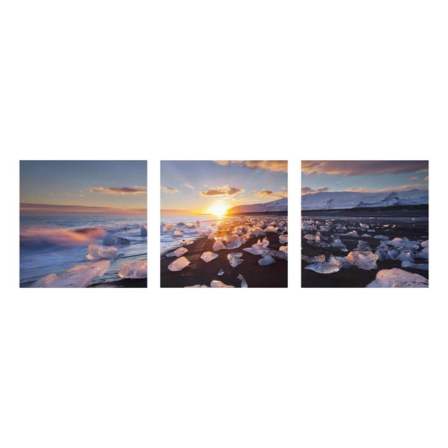 Glasschilderijen - 3-delig Chunks Of Ice On The Beach Iceland