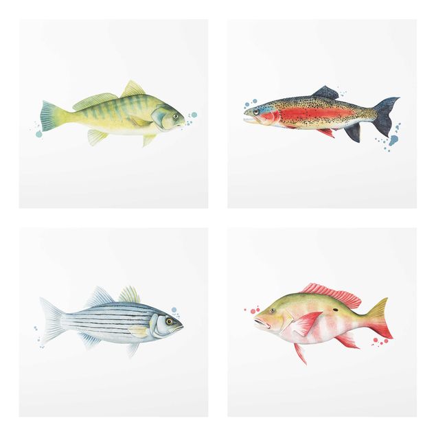 Glasschilderijen - 4-delig Ink Trap - Fish Set I