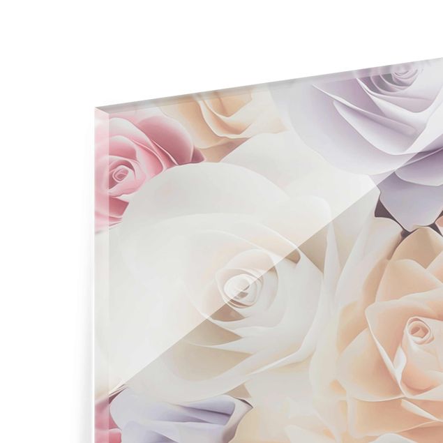 Glasschilderijen - 3-delig Pastel Paper Art Roses