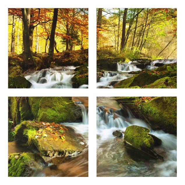 Glasschilderijen - 4-delig Waterfall Autumnal Forest