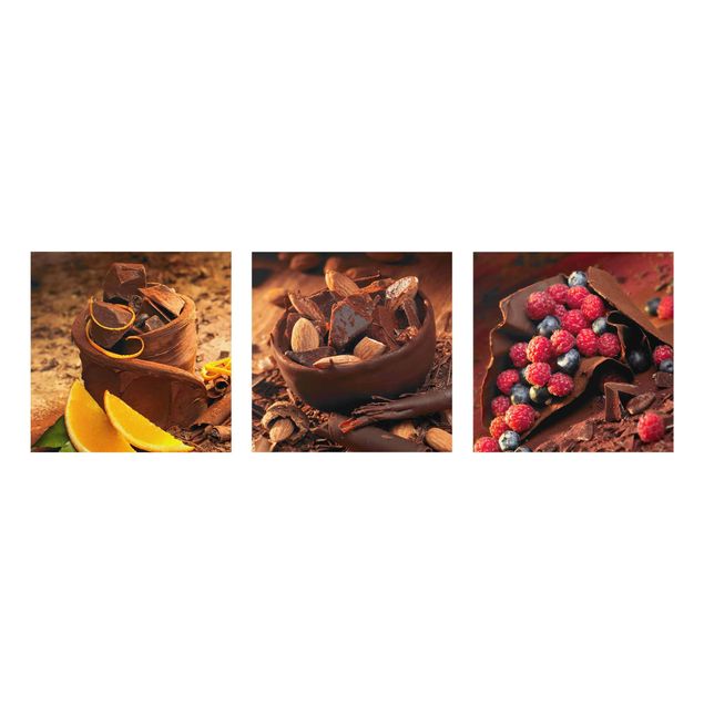 Glasschilderijen - 3-delig Chocolate With Fruit And Almonds