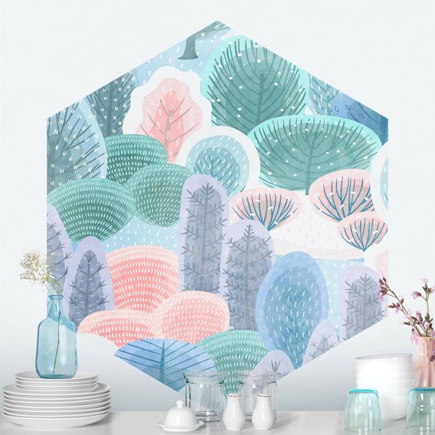 Hexagon Behang Happy Forest In Pastel