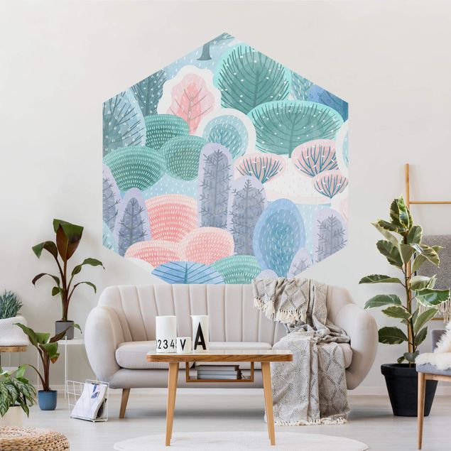 Hexagon Behang Happy Forest In Pastel