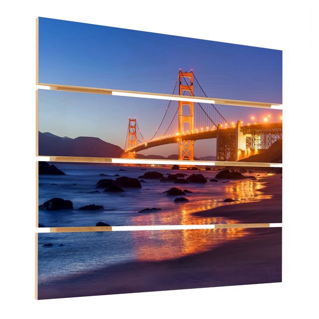 Houten schilderijen op plank Golden Gate Bridge At Dusk