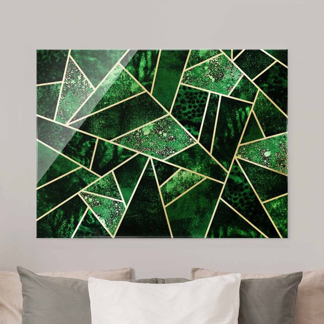 Glasschilderijen Golden Geometry - Dark Emerald