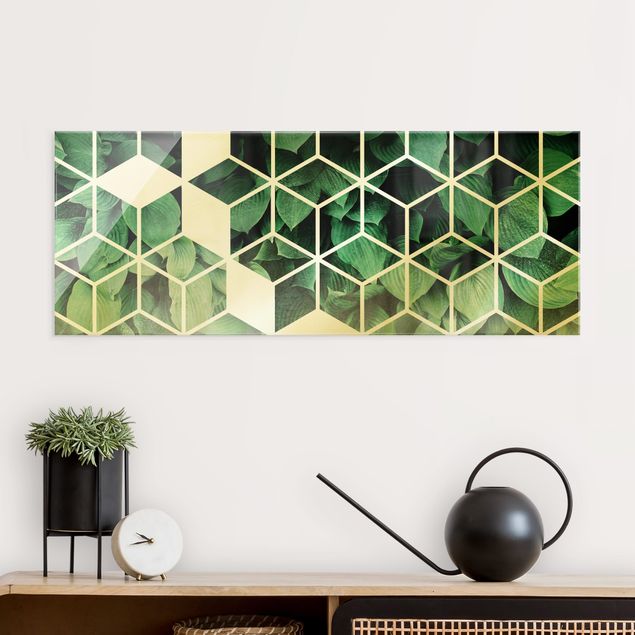 Glas Magnetboard Golden Geometry - Green Leaves