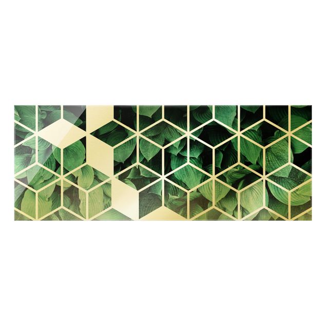 Glasschilderijen Golden Geometry - Green Leaves