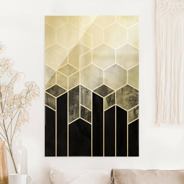 Glas Magnettafel Golden Geometry - Hexagons Black White