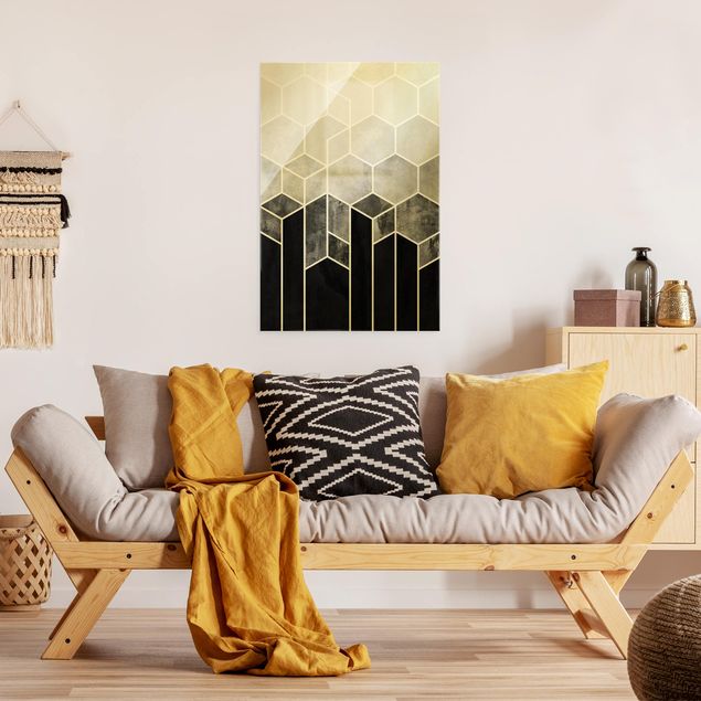 Glasschilderijen Golden Geometry - Hexagons Black White