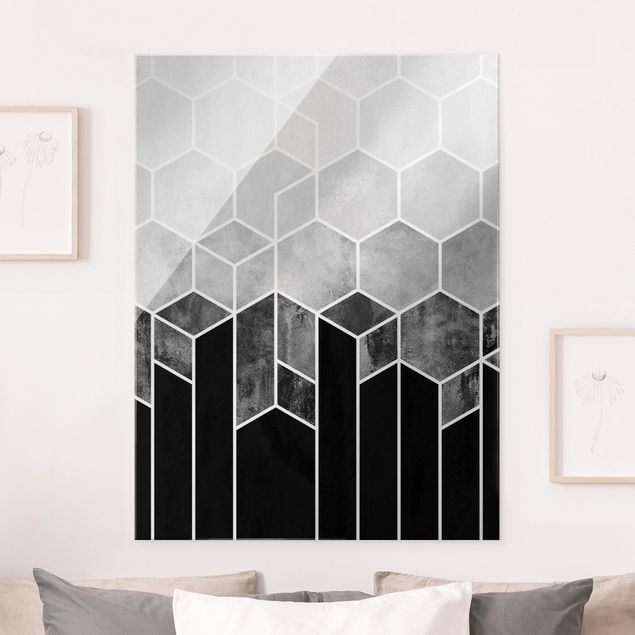 Magnettafel Glas Golden Hexagons Black And White