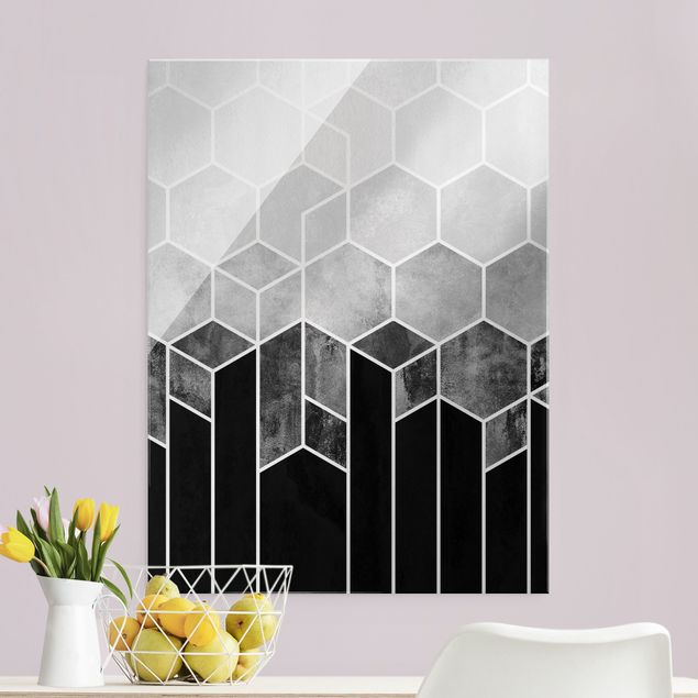 Glasschilderijen Golden Hexagons Black And White