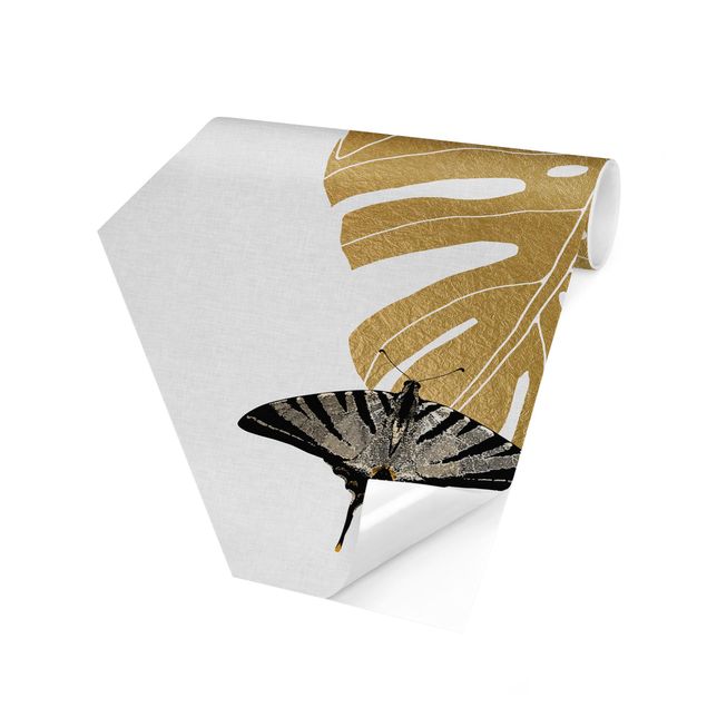 Hexagon Behang Golden Monstera With Butterfly