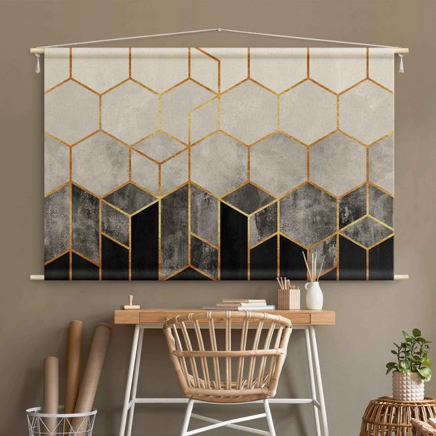muur tapijt Golden Hexagons Black And White