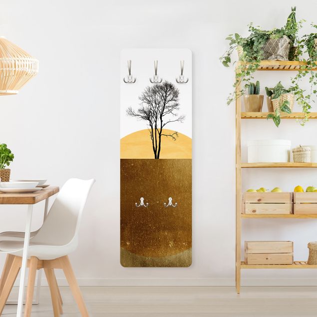 Wandkapstokken houten paneel Golden Sun With Tree