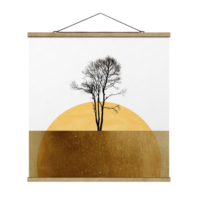 Stoffen schilderij met posterlijst Golden Sun With Tree
