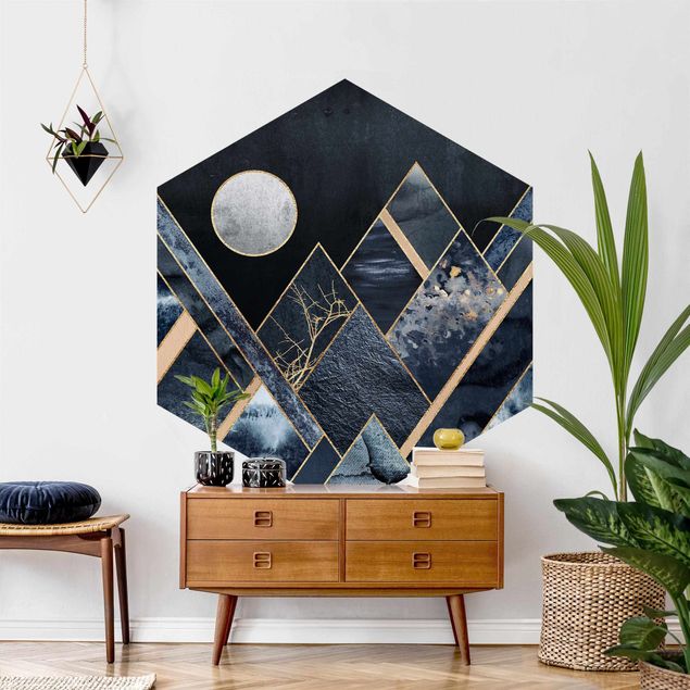 Hexagon Behang Golden Moon Abstract Black Mountains