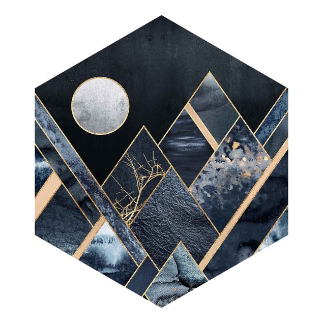 Hexagon Behang Golden Moon Abstract Black Mountains