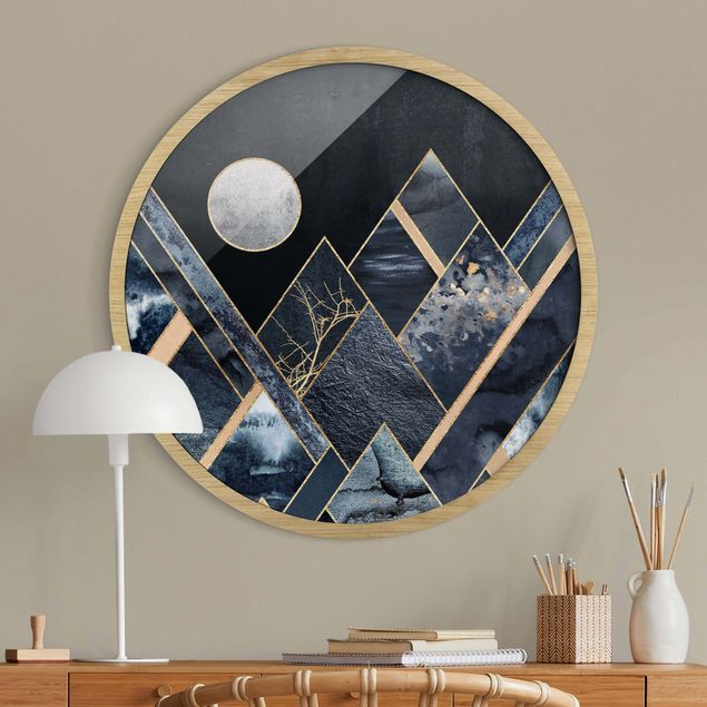 Rond schilderijen Luna dorata su montagne nere astratte
