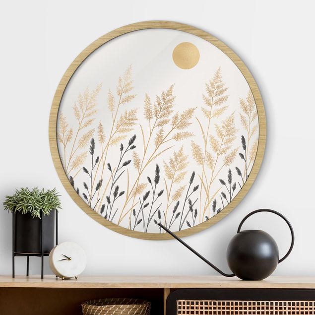 Runde gerahmte Bilder Grasses And Moon In Gold And Black