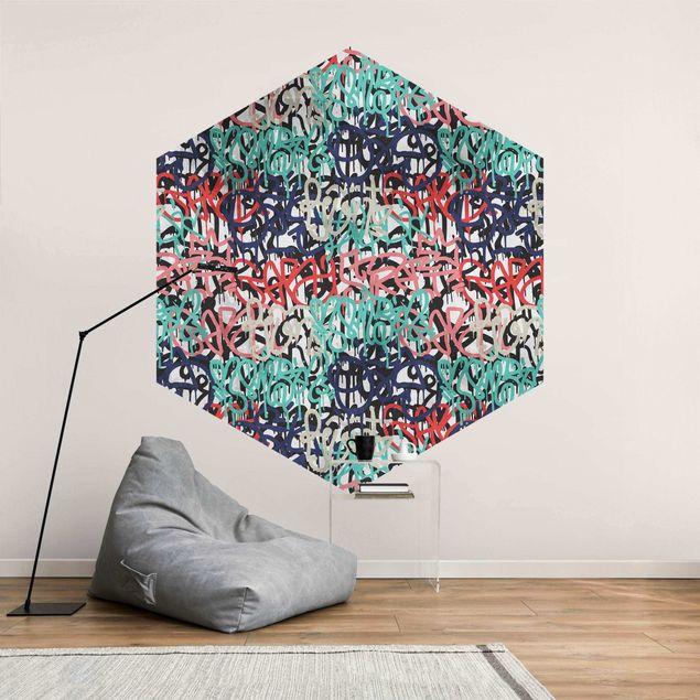 Hexagon Mustertapete selbstklebend - Graffiti Art Tagged Wall