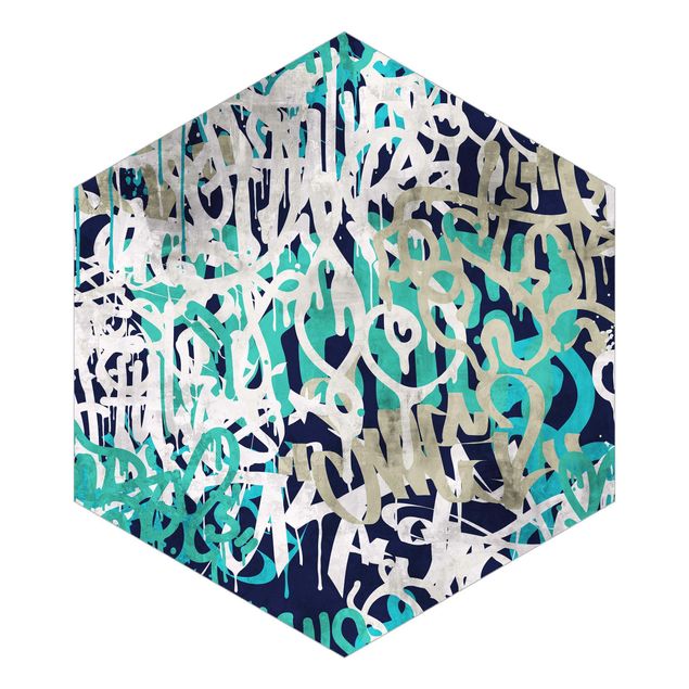 Hexagon Mustertapete selbstklebend - Graffiti Art Tagged Wall Türkis