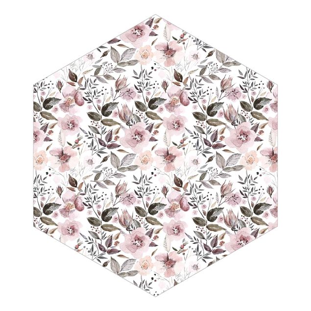 Hexagon Behang Gray Leaves With Watercolour Flowers