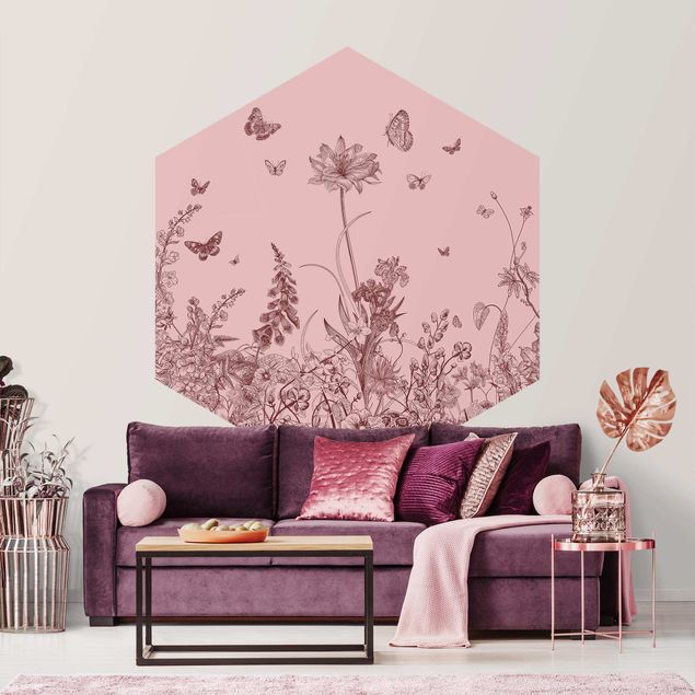 Hexagon Behang Large Flowers With Butterflies On Pink