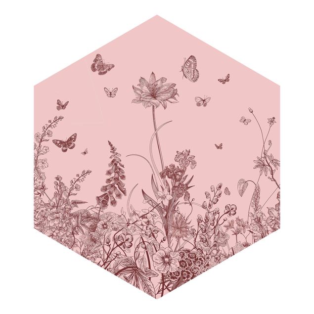 Hexagon Behang Large Flowers With Butterflies On Pink