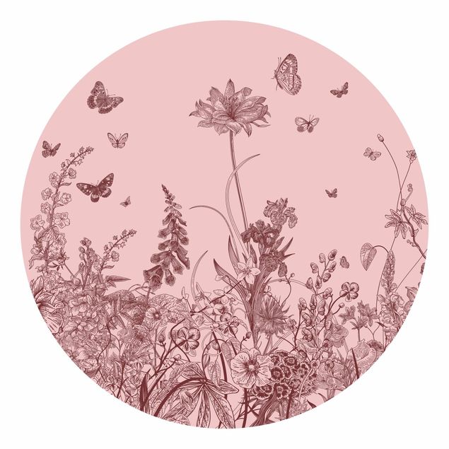 Behangcirkel Large Flowers With Butterflies On Pink
