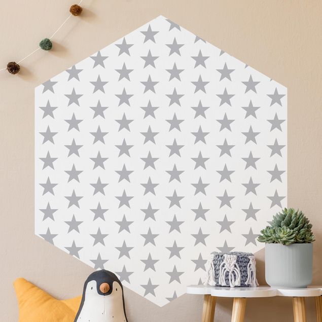 Hexagon Behang Large Gray Stars On White