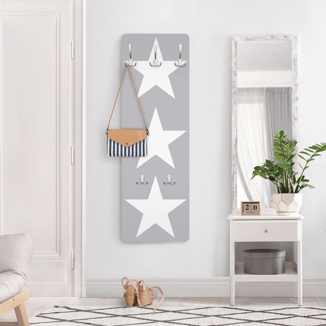 Wandkapstokken houten paneel Large white stars on grey