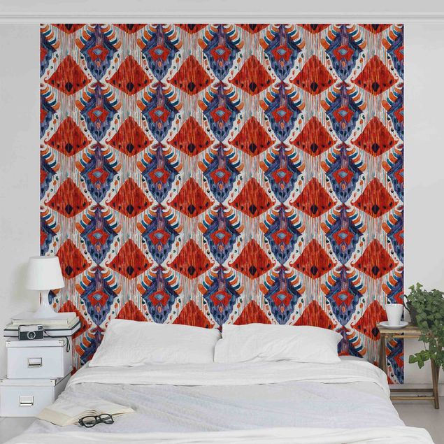 Fotobehang - Large Ikat Pattern Bali Red And Blue