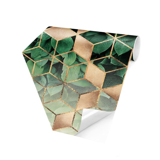 Hexagon Behang Green Leaves Golden Geometry