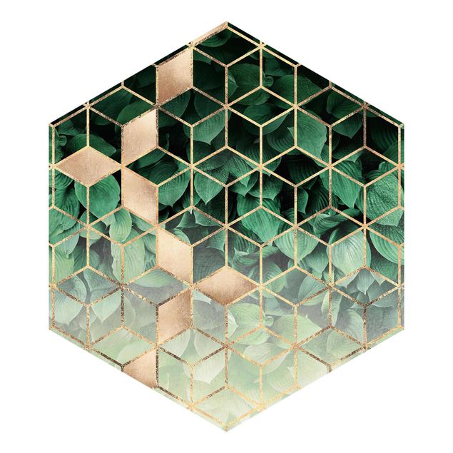 Hexagon Behang Green Leaves Golden Geometry